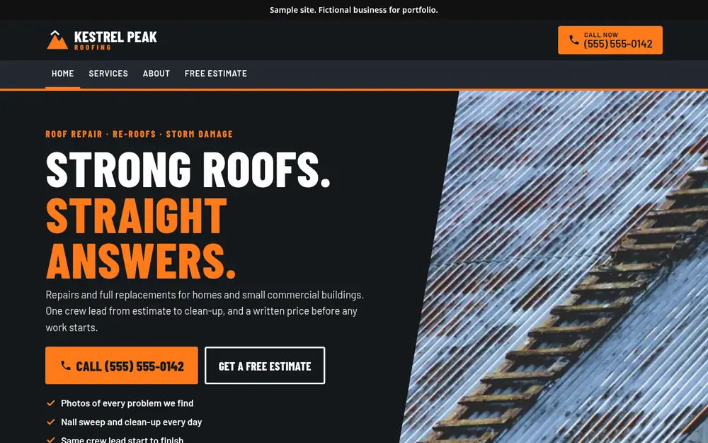 Kestrel Peak Roofing sample site home page