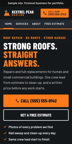 Kestrel Peak Roofing sample site on a phone