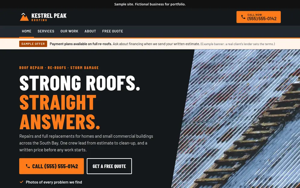 Kestrel Peak Roofing Pro sample site home page