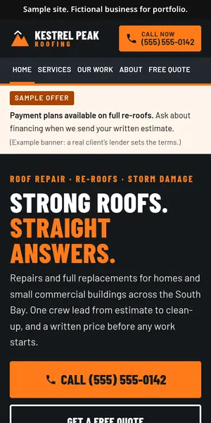 The Kestrel Peak Roofing sample site on a phone