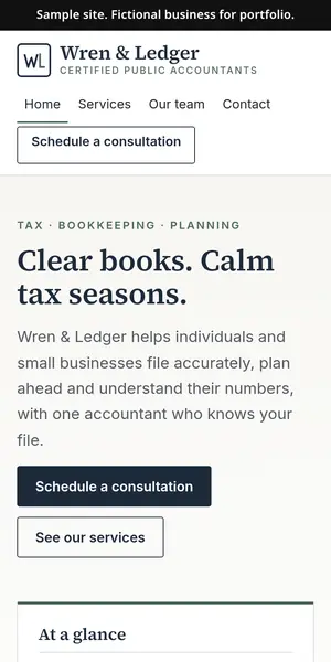 Wren & Ledger CPAs sample site on a phone