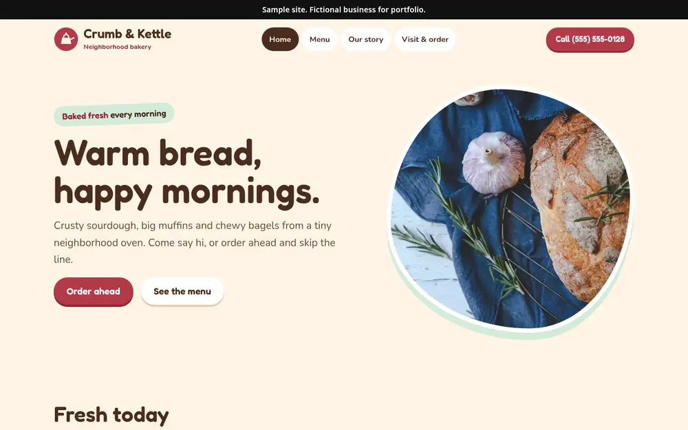 Crumb & Kettle Bakery sample site home page