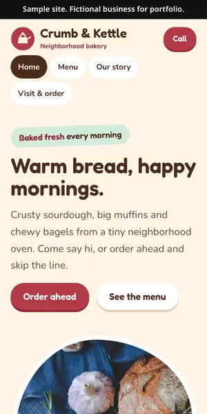 Crumb & Kettle Bakery sample site on a phone