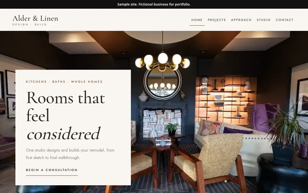 Home page of the Alder & Linen Design-Build sample site on a computer screen